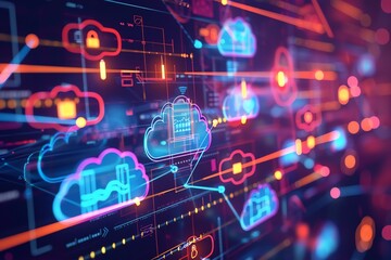 Colorful digital illustration of cloud computing technology, showcasing data storage, connectivity, and network infrastructure.