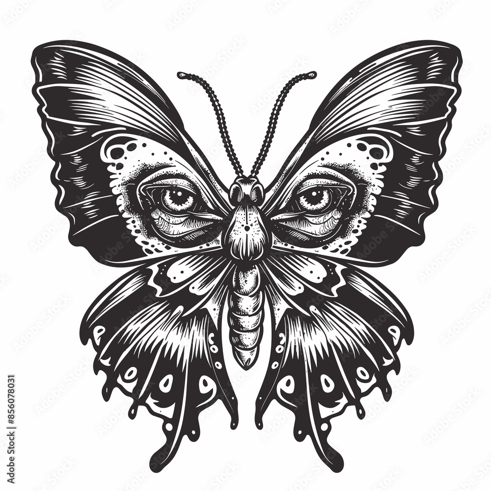 Poster a black and white drawing of a butterfly with its eyes open. the butterfly is the main focus of the 