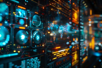Fototapeta premium Futuristic digital interface in a high-tech environment, featuring various data visualizations, glowing lights, and modern technological elements.