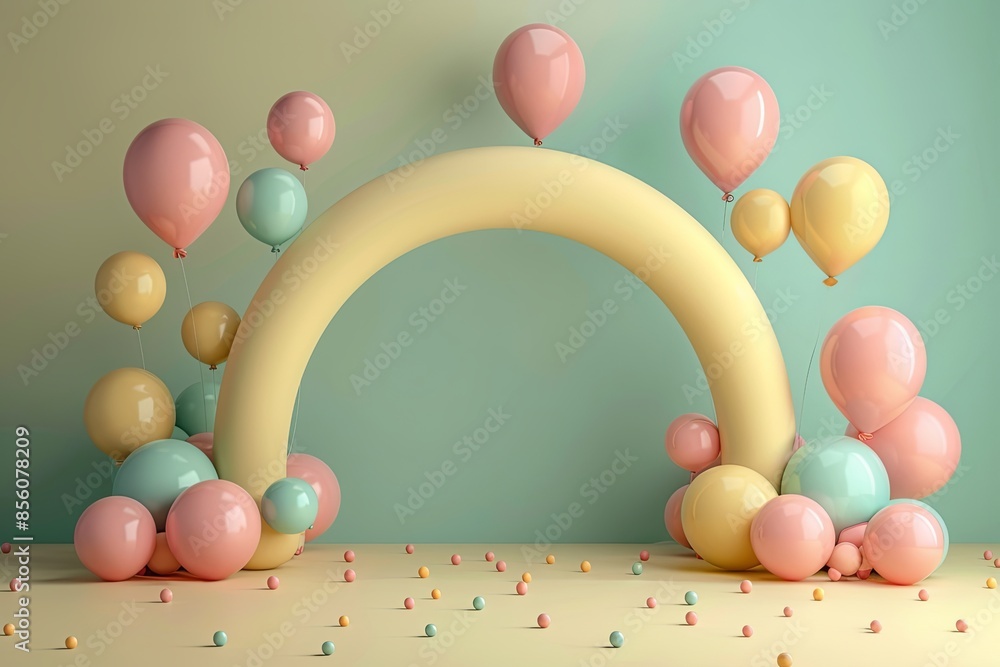 Poster digital backdrop with balloons around an arch, colours: dusky green, dusky yellow, dusky pink, dusky peach