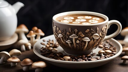 coffee with mushrooms. A coffee cup adorned with a latte art motif of mushrooms