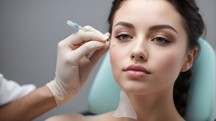 Obraz premium A close-up of a young woman receiving an injection of cosmetic face filler