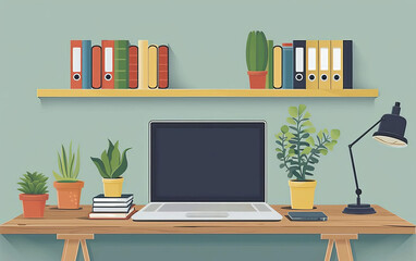 Illustration of a clean and organized home office workspace with plants, books, a laptop, and a lamp on a wooden desk with a shelf above.