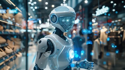 Fototapeta premium Futuristic robot with glowing lights in a modern shopping mall, showcasing advanced AI technology and robotics in urban lifestyle.