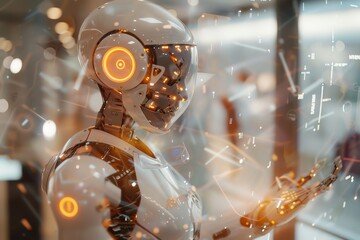 Futuristic robot with glowing features interacting with holographic interface in a modern technology setting.