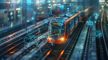 Fototapeta premium Futuristic tram with digital overlay showcasing advanced technology on city railway tracks at dusk. Modern urban transportation concept.