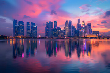 Fototapeta premium Serene Evening Cityscape with Twilight Sky and Illuminated Skyline Reflecting on Calm River