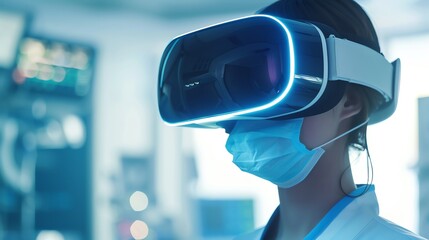 Healthcare professional in a lab wearing virtual reality headset for advanced medical training and research.