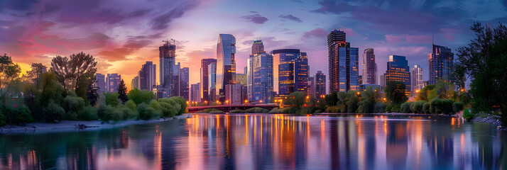 Fototapeta premium Serene Evening Cityscape with Twilight Sky and Illuminated Skyline Reflecting on Calm River
