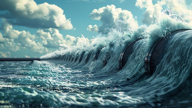 Large waves crash over pipes in the ocean on a cloudy day, showcasing powerful water infrastructure and natural force.