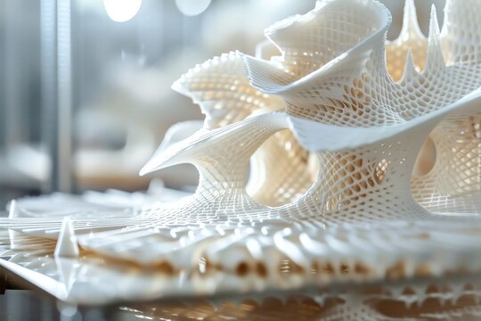 Intricate 3D-printed abstract sculpture with complex white lattice structure, showcasing advanced additive manufacturing techniques.