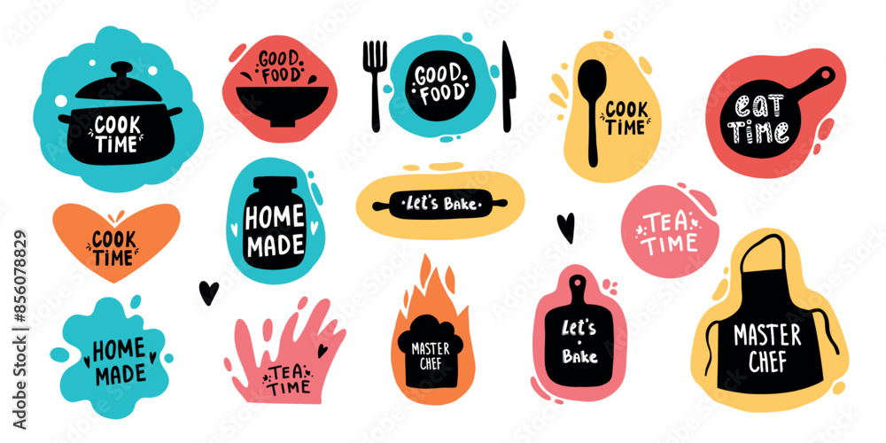 Wall mural cooking food lettering. kitchen badge logos, baking foods typography and cook labels vector set