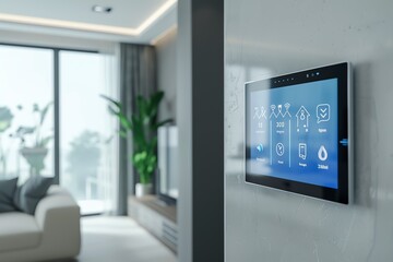 Modern living room with smart home control panel on wall, showcasing advanced technology and home automation in a stylish interior.