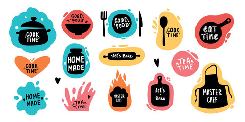 Cooking food lettering. Kitchen badge logos, baking foods typography and cook labels vector set