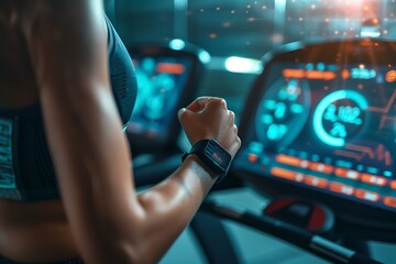 Fototapeta premium Woman using smartwatch to track fitness activity while running on treadmill in modern gym with futuristic interface.