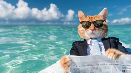 Cat in Suit Relaxes with Newspaper at Sea, Feline Executive