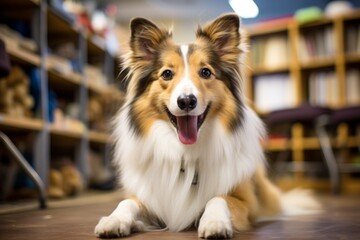 Portrait of a smiling shetland sheepdog on lively classroom background