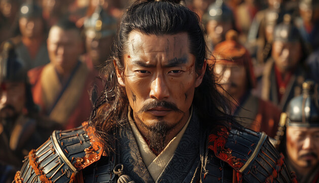 Group of Asian warriors in traditional attire, with intense expressions and detailed armor, historical context, 4K, 16:9