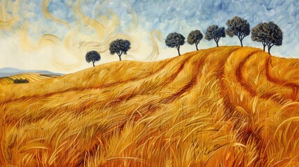 A Beautiful Depiction of Wheat Fields Golden Waves capturing the scenery of trees amidst the wheat harvesting