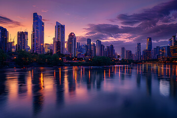 Fototapeta premium Serene Evening Cityscape with Twilight Sky and Illuminated Skyline Reflecting on Calm River