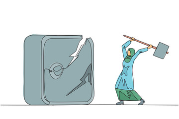 Continuous one line drawing Arab businesswoman preparing to hit big safe deposit box. Boss furious want to destroy with hammer. Angry businesswoman. Lost. Single line draw design vector illustration