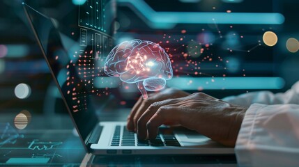 Concept of digital technology and data science: a computer engineer programming on a laptop to manage and control data exchange in AI business and machine learning contexts.