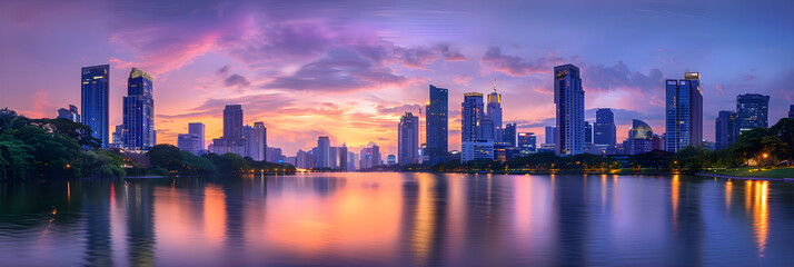 Obraz premium Serene Evening Cityscape with Twilight Sky and Illuminated Skyline Reflecting on Calm River