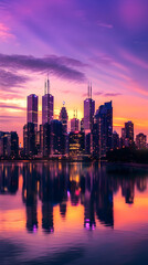 Fototapeta premium Serene Evening Cityscape with Twilight Sky and Illuminated Skyline Reflecting on Calm River