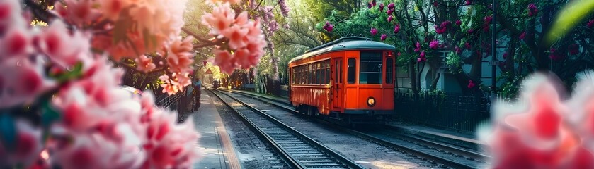 Naklejka premium Vintage Locomotive Traversing Blooming City Park in Springtime Splendor