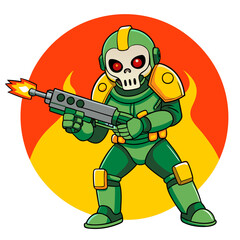 skeleton wearing full military gear, including a helmet, tactical vest, and boots, standing confidently while holding a light machine gun at the ready