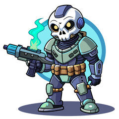 skeleton wearing full military gear, including a helmet, tactical vest, and boots, standing confidently while holding a light machine gun at the ready