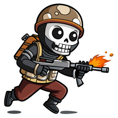 skeleton wearing full military gear, including a helmet, tactical vest, and boots, standing confidently while holding a light machine gun at the ready