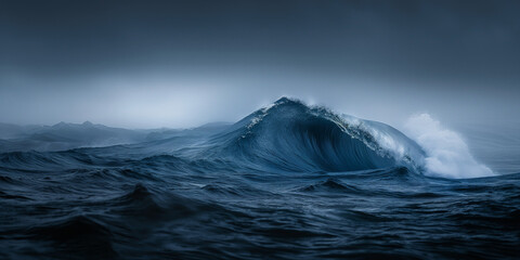 Photo of a huge wave in the ocean at night time, with a misty with a dramatic and stormy sky. This illustrates the concept of extreme weather and the climate crisis.