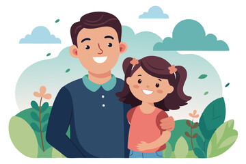 Happy father and daughter smiling and having fun outdoors white background modern flat design simple vector illustration isolated transparent background;
