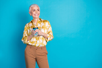 Photo of lovely pensioner lady hold coffee paper cup look empty space dressed stylish elegant...