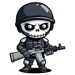 Skeleton wearing full military gear, including a helmet, tactical vest, and boots, standing confidently while holding a light machine gun at the ready