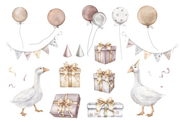 Watercolor set of gift boxes with gold bows and goose and balloon for birthday pastel golden. Carnival hanging garland with flags. Hand drawing illustration on isolated background. For holidays design