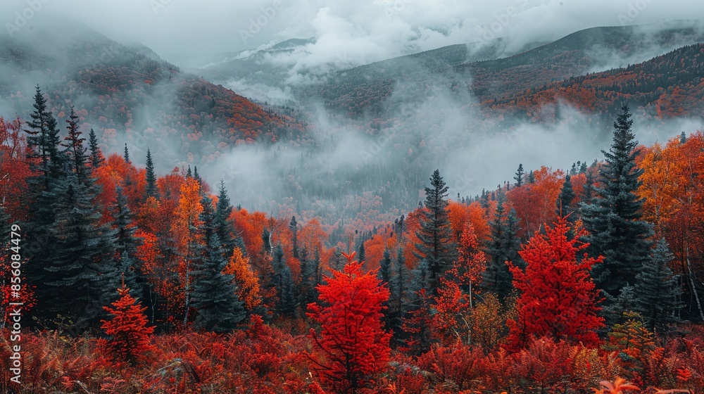 Wall mural Overlooking, the red maple forest in the mountains