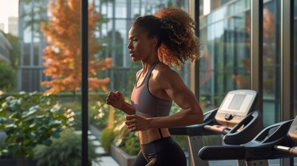 Fototapeta premium A woman running on a treadmill in a sleek indoor gym, sporting a matching sports bra and leggings set The attire is designed for high-intensity workouts, with features like breathable mesh panels and
