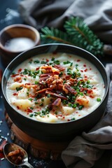 Fototapeta premium Creamy Potato Soup with Toasted Pecans and Bacon