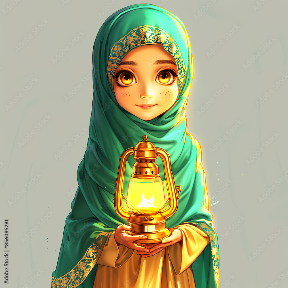 Wall mural young girl wearing hijab and holding a lantern