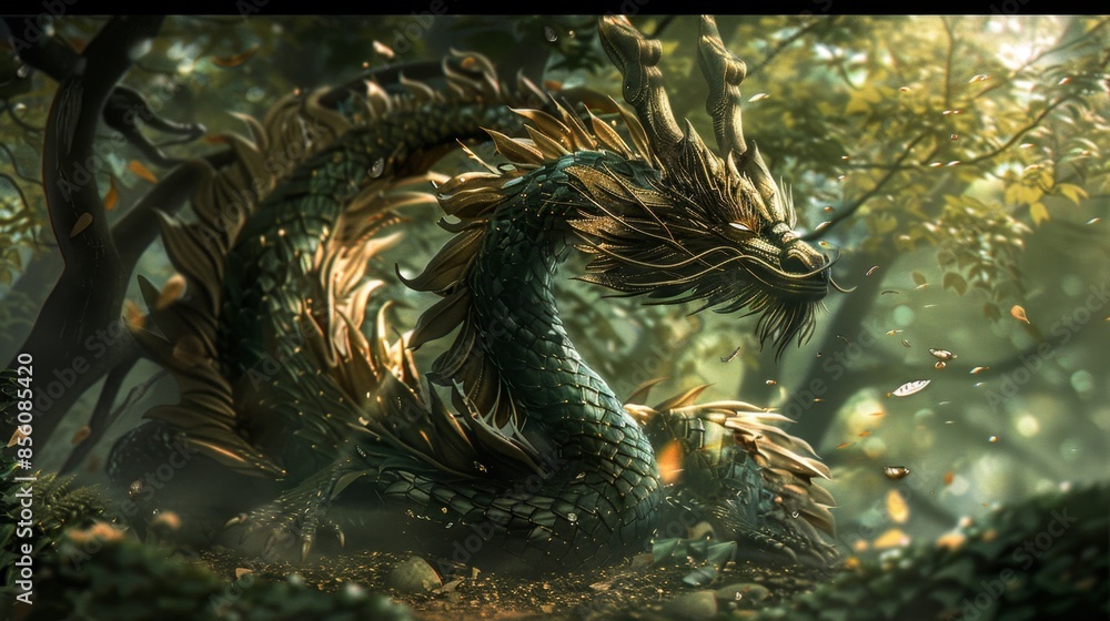 Wall mural Majestic Dragon in Enchanted Forest, Generative AI - Wall murals