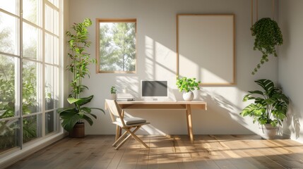 A white room with a desk and a chair, a computer monitor, and a potted plant
