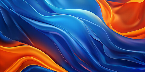 Obraz premium Blau-orangefarbener Farbverlaufshintergrund mit Wellenelementen und Leuchteffekten, abstraktes Design mit großen leeren Bereichen zum Hervorheben von Produkten oder Bildern, Grafikdesin