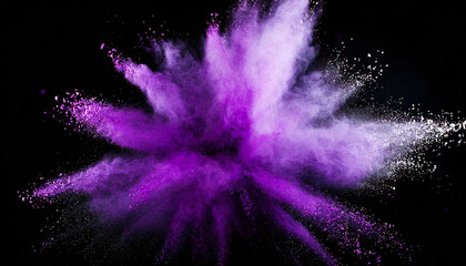 burst of purple powder explodes against a black background, creating a dynamic splash of dust particles. This image captures the energy and celebration of the Holi Festival in stunning detail