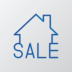 Sale, house simple icon vector. Flat design. Paper cut design. Cutted blue symbol with shadow. Gray background