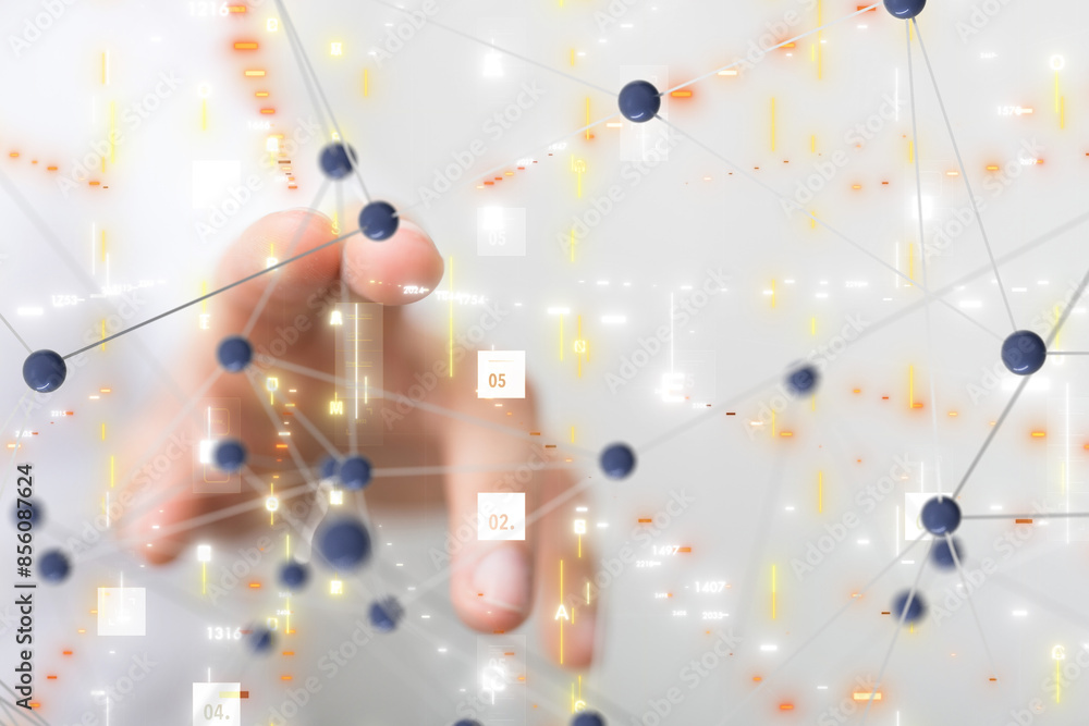 Poster Neural network 3D illustration. Big data and cybersecurity