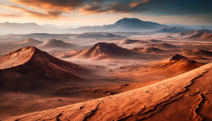 Naklejka premium Mars' surface shows a dry, barren landscape with reddish-brown hues, rocky terrain, and dust-filled atmosphere, highlighting the planet's desolate and uninhabitable environment