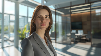 Fototapeta premium Professional woman in an office setting, modern workspace, business attire
