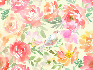 A seamless pattern illustration of abstract red peonies and roses, and bird painted in watercolor, and a textile design of watercolor-painted flowers and plants